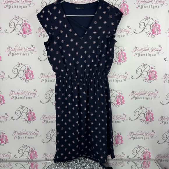 Reitmans Dark Blue Midi Dress with Light Pink Pattern strappy detail - Picture 10 of 11